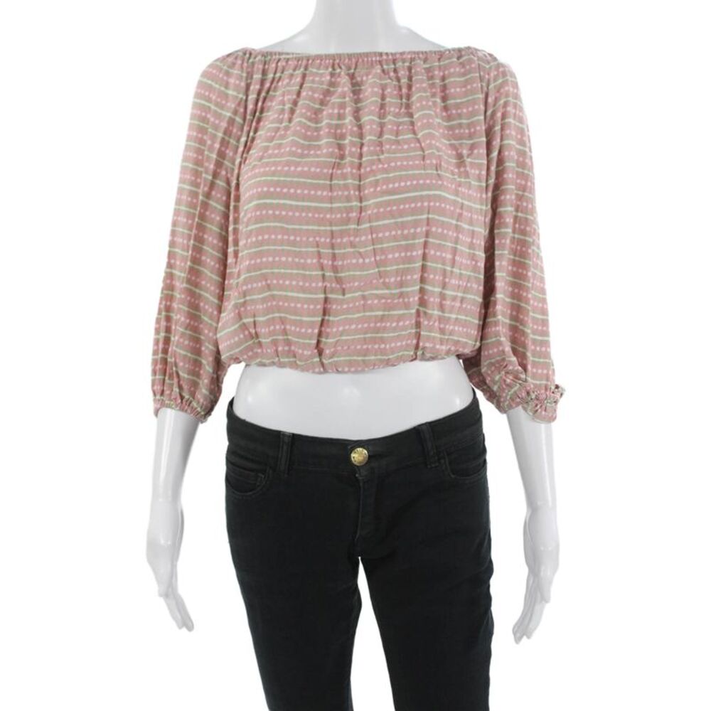 Skemo Women Cropped Pink Striped Rayon Blouse 3/4 Sleeve Bohemian Size XS